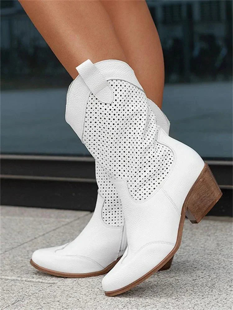 Lisa | Women's Leather Boots Perforated Heel Stylish Design - Zenovich