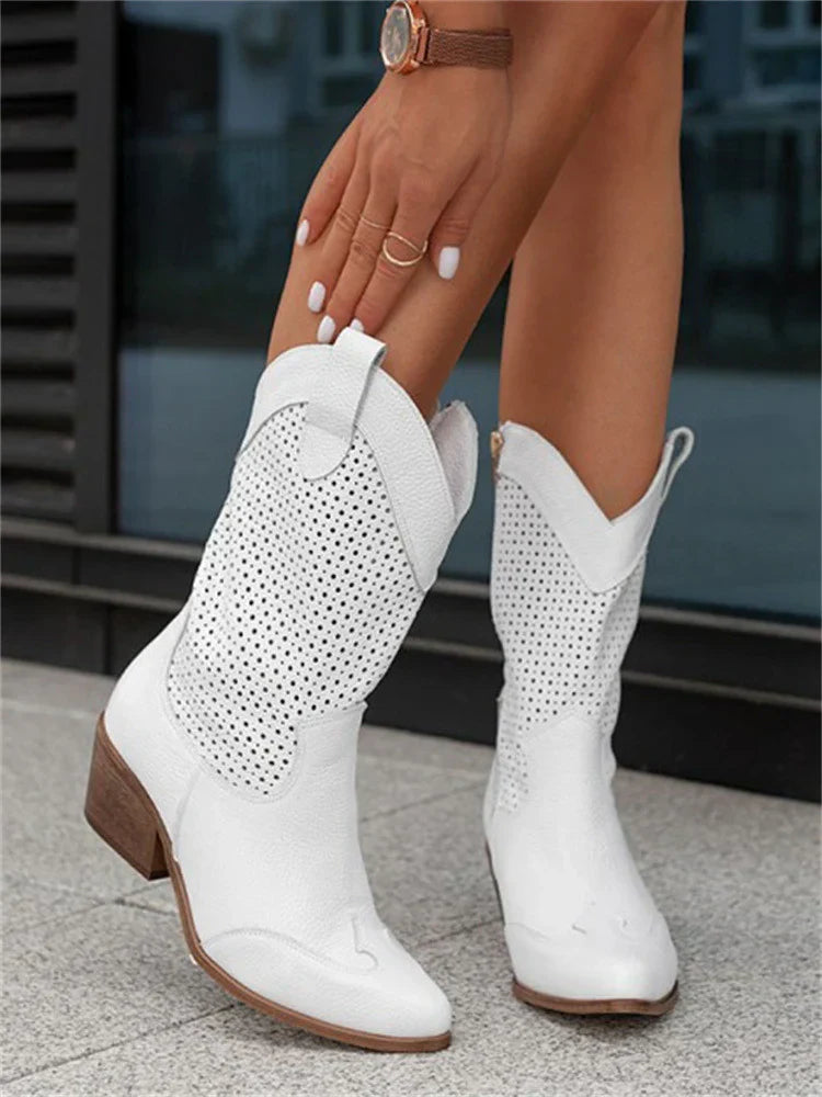 Lisa | Women's Leather Boots Perforated Heel Stylish Design - Zenovich